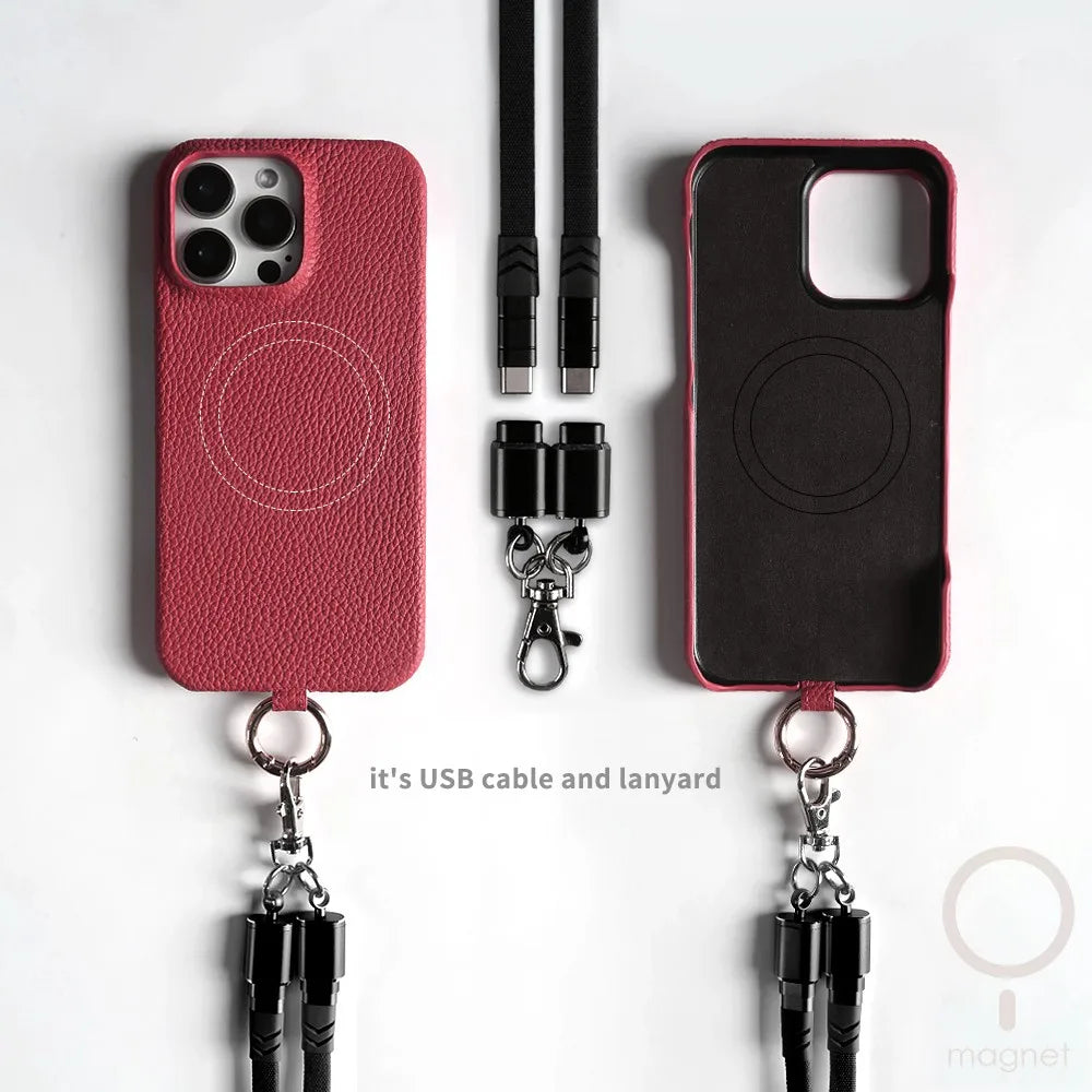 Leather MagSafe Case with USB Charging Lanyard for iPhone 13 12 11 Pro Max