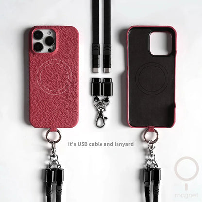 Leather MagSafe Case with USB Charging Lanyard for iPhone 16 Pro Max 15 14