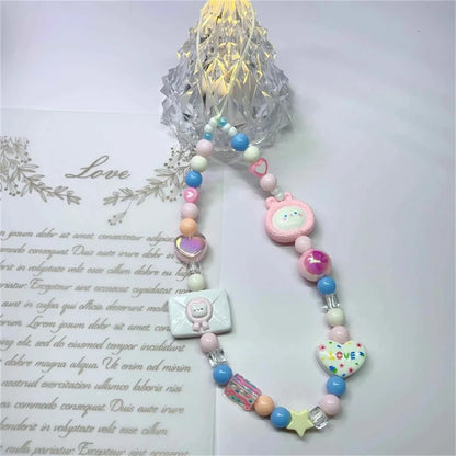 Korean Pink Rabbit Heart Star Beaded Phone Charm Lanyard for iPhone