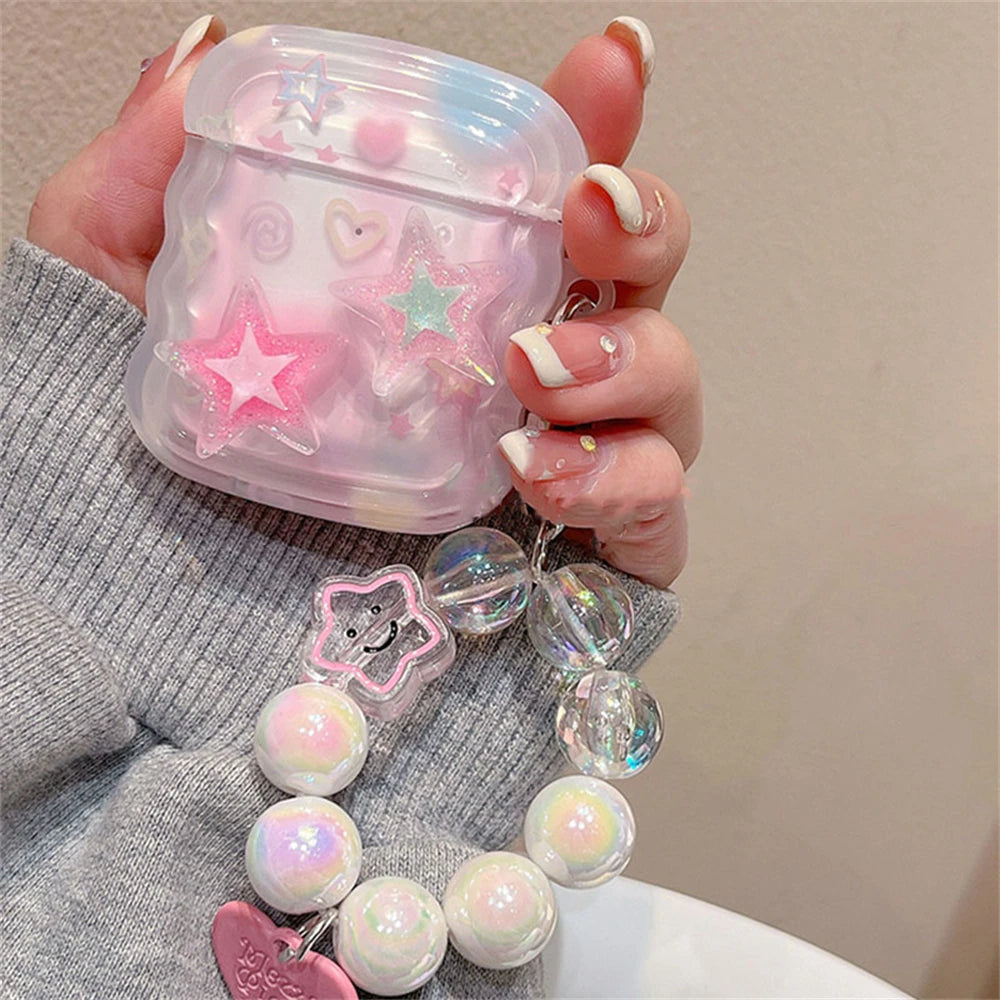 Korean 3D Pink Star Case with Heart Bead Pendant for AirPods 1 2 3 Pro 2 Soft