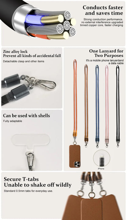 Leather MagSafe Case with USB Charging Lanyard for iPhone 13 12 11 Pro Max