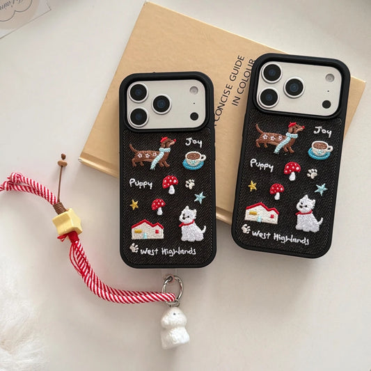 Cute Denim Embroidered Dachshund Phone Case with Lanyard for iPhone 17–14