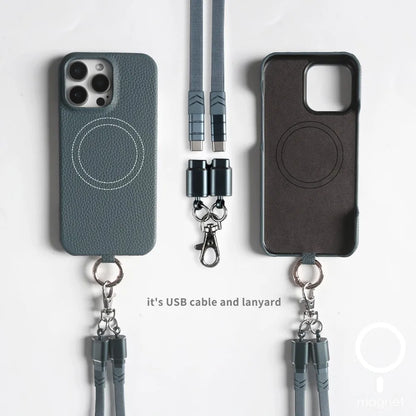 Leather MagSafe Case with USB Charging Lanyard for iPhone 13 12 11 Pro Max