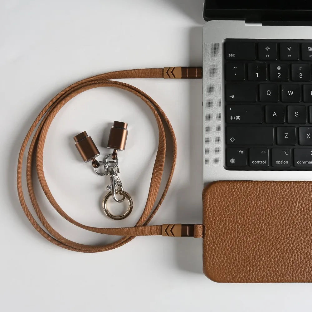 Leather MagSafe Case with USB Charging Lanyard for iPhone 13 12 11 Pro Max