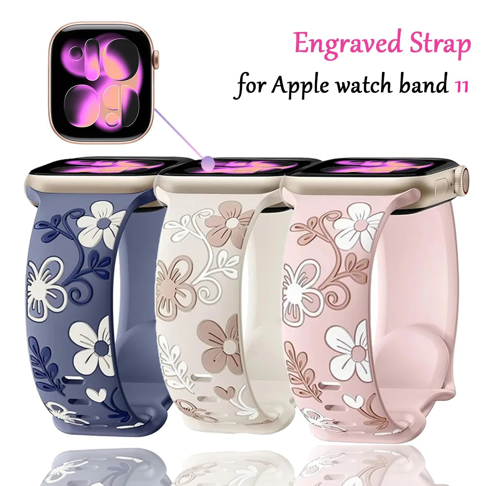 Engraved Strap For Apple Watch Band 11 10 42mm 46mm Silicone Correa Bracelet iWatch Series 10 9 8 7 SE 6 45/44/40mm Ultra2/3