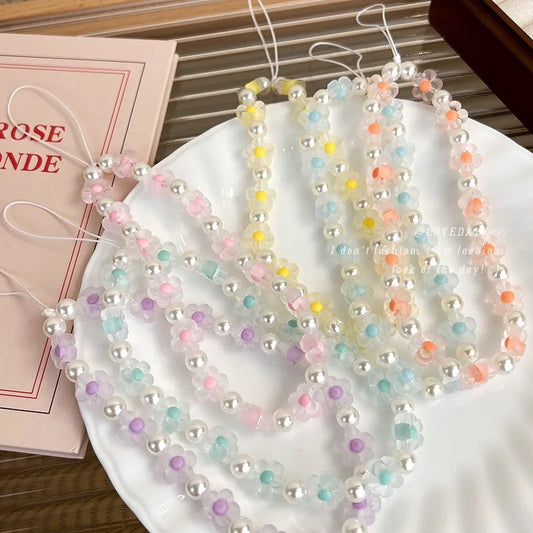 Colorful Resin Flower Phone Charm – Pearl Bead Strap for Any Case