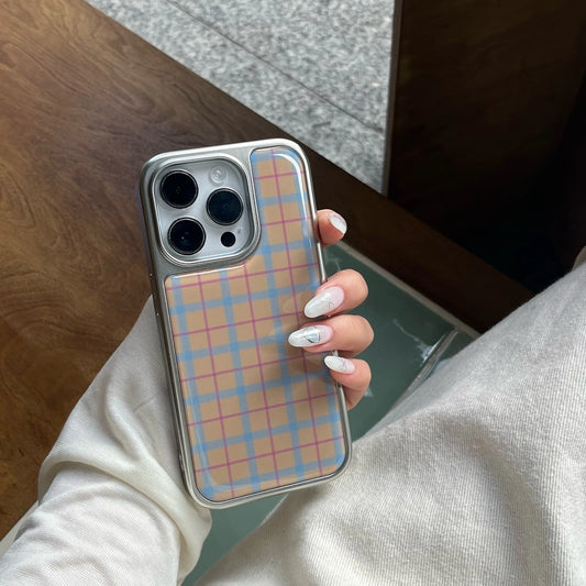 Korean Plaid Grid Shockproof Case for iPhone 13–16 Pro Max with Silver Edge