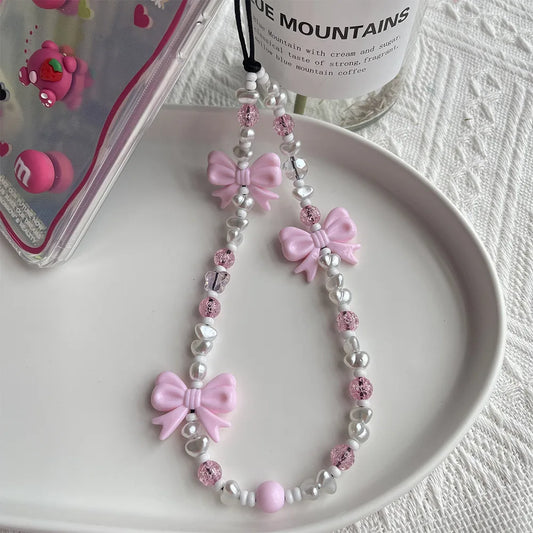 Korean Pink Bow Pearl Phone Charm – Y2K Beaded Strap for Cases