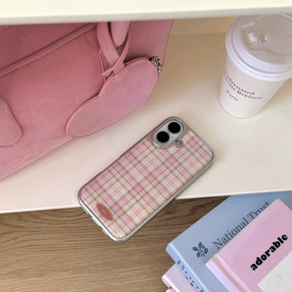 Korean Girly Checker Pattern Electroplated Leather Texture Case for iPhone 16 15 14 Pro Max