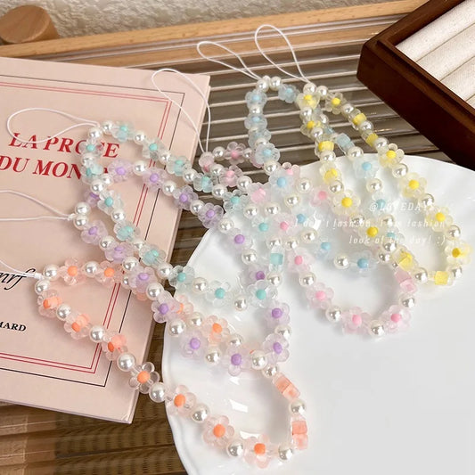 Colorful Resin Flower Phone Charm – Pearl Bead Strap for Any Case