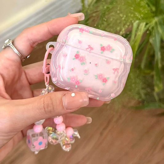 Cute Pink Flower AirPods Case with Pearl Keychain for Pro 1/2/3/4 Gen