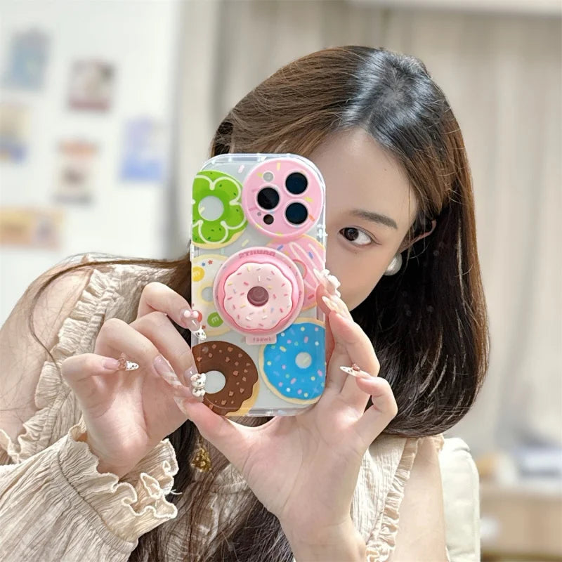 Cute 3D Doughnut MagSafe Griptok Phone Holder for iPhone 15–16, Foldable Stand