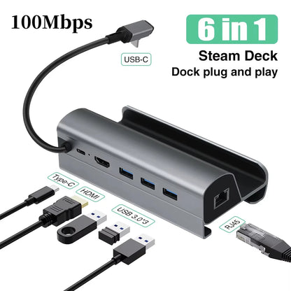6-in-1 Docking Station for Steam Deck USB-C to HDMI 4K 60Hz RJ45 USB3.0 HUB