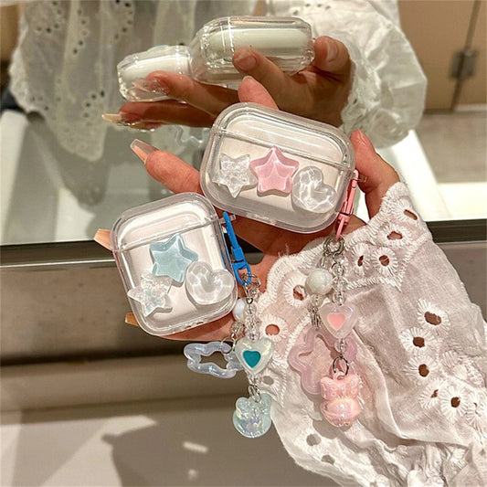 Cute 3D Star & Heart Clear Case with Bell for AirPods 1 2 3 Pro 2 Soft Cover