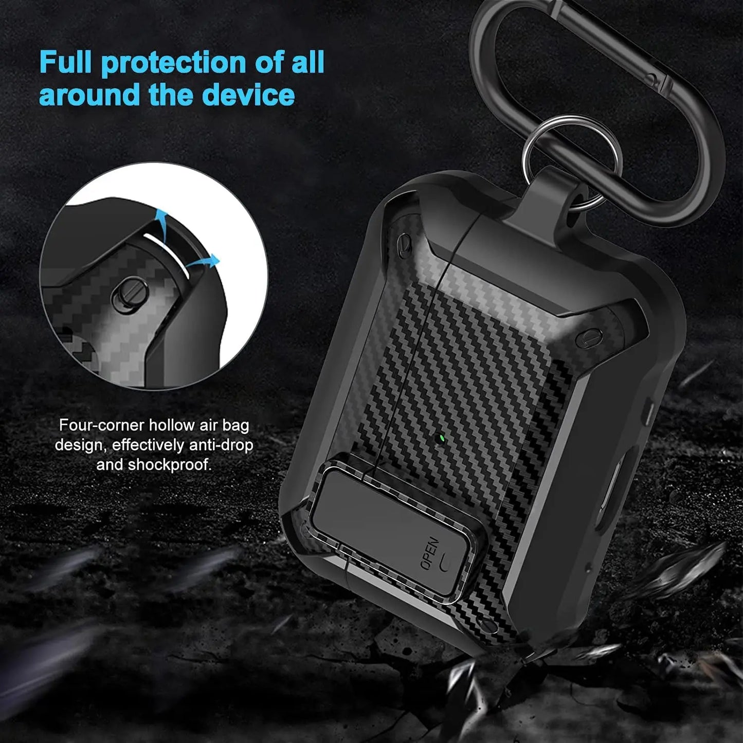 Carbon Fiber Hard Shell Case with Secure Lock Clip & Keychain for AirPods 1–3