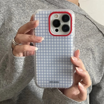 Korean INS Blue Checkered Grid Case with Contrasting Chain for iPhone 16–11 Series