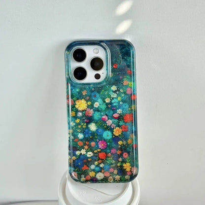 Blue Wildflower Glitter Case for iPhone 12–16 Pro Max – Glossy & Sparkly