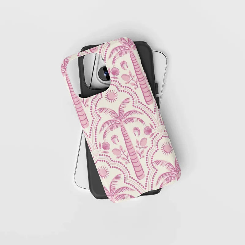 Pink Coconut Tree 2-in-1 Glossy Tough Case for iPhone 16 Pro Max 15 14 12 Mini XR
