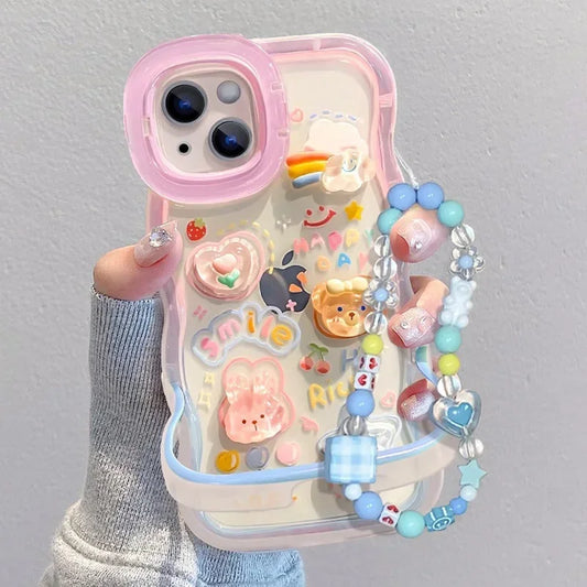 Bead Bracelet Chain Phone Holder Case for iPhone 15–11 Pro Max, 3D Rainbow Stand