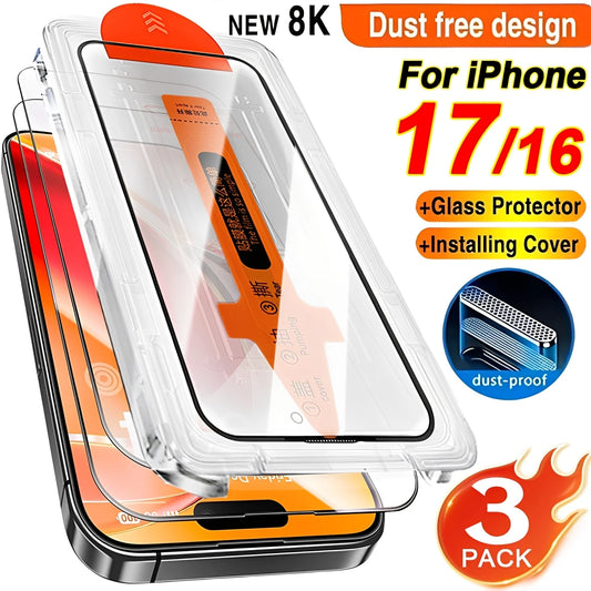 Dust-Free Easy Install HD Tempered Glass Screen Protector for iPhone 17 & 16 Series