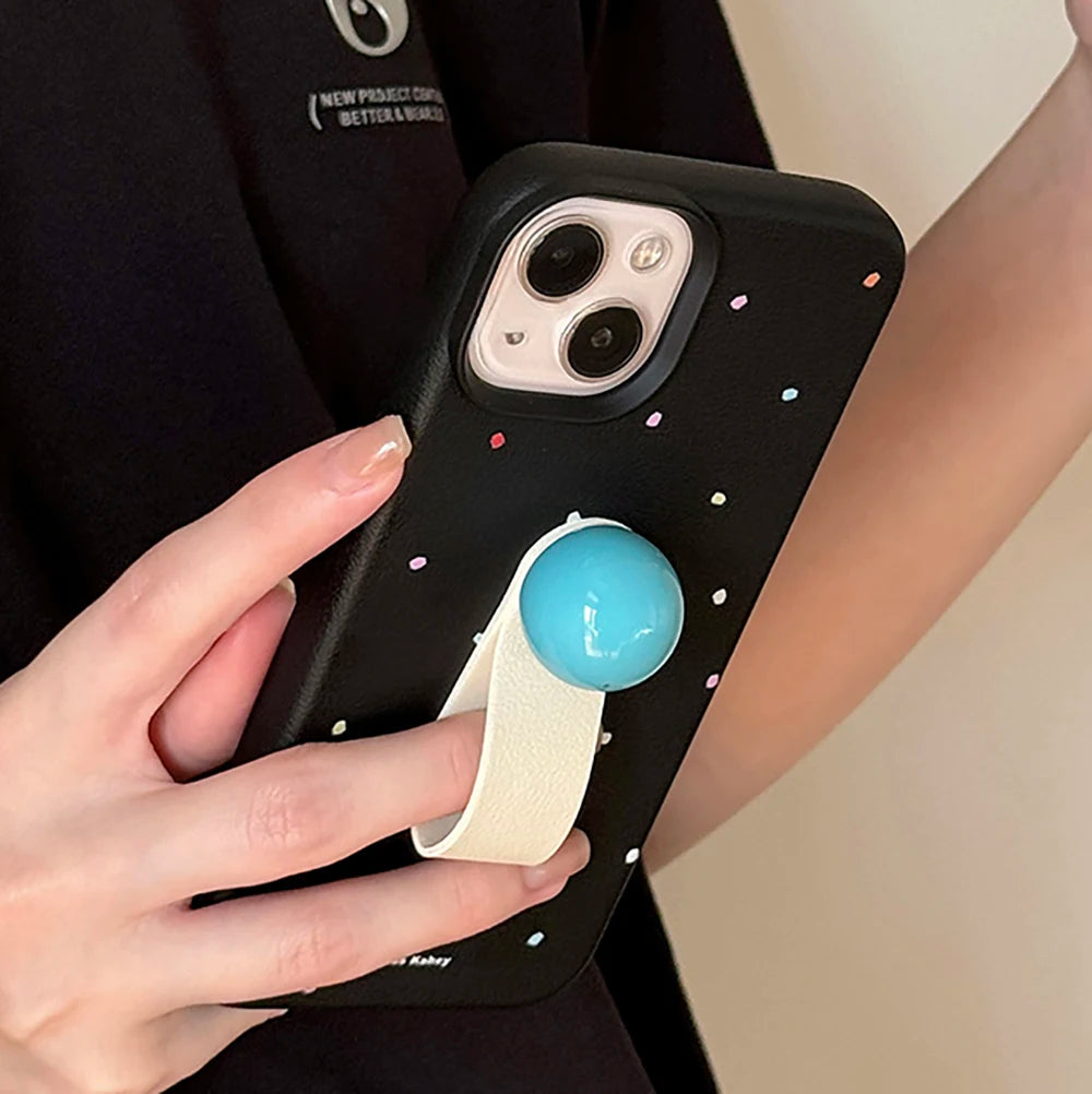 Korean 3D Colored Ball Ring Stand Leather Phone Case for iPhone 15–11 Pro Max