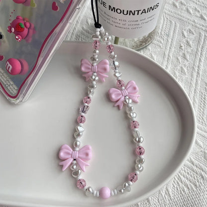 Korean Pink Bow Pearl Phone Charm – Y2K Beaded Strap for Cases