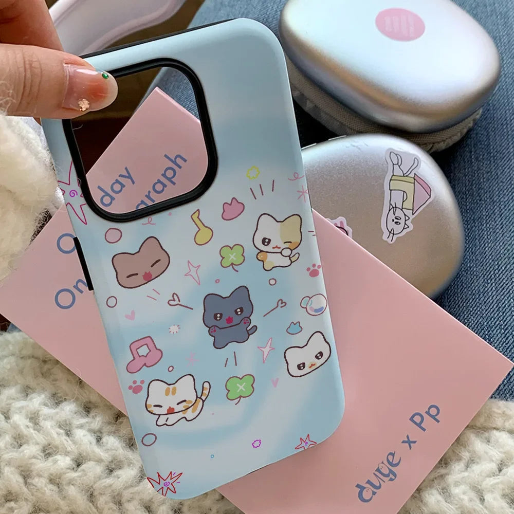 Korean INS Blue Gradient Music Cat Case for iPhone 16 Pro Max 14 13 11 X