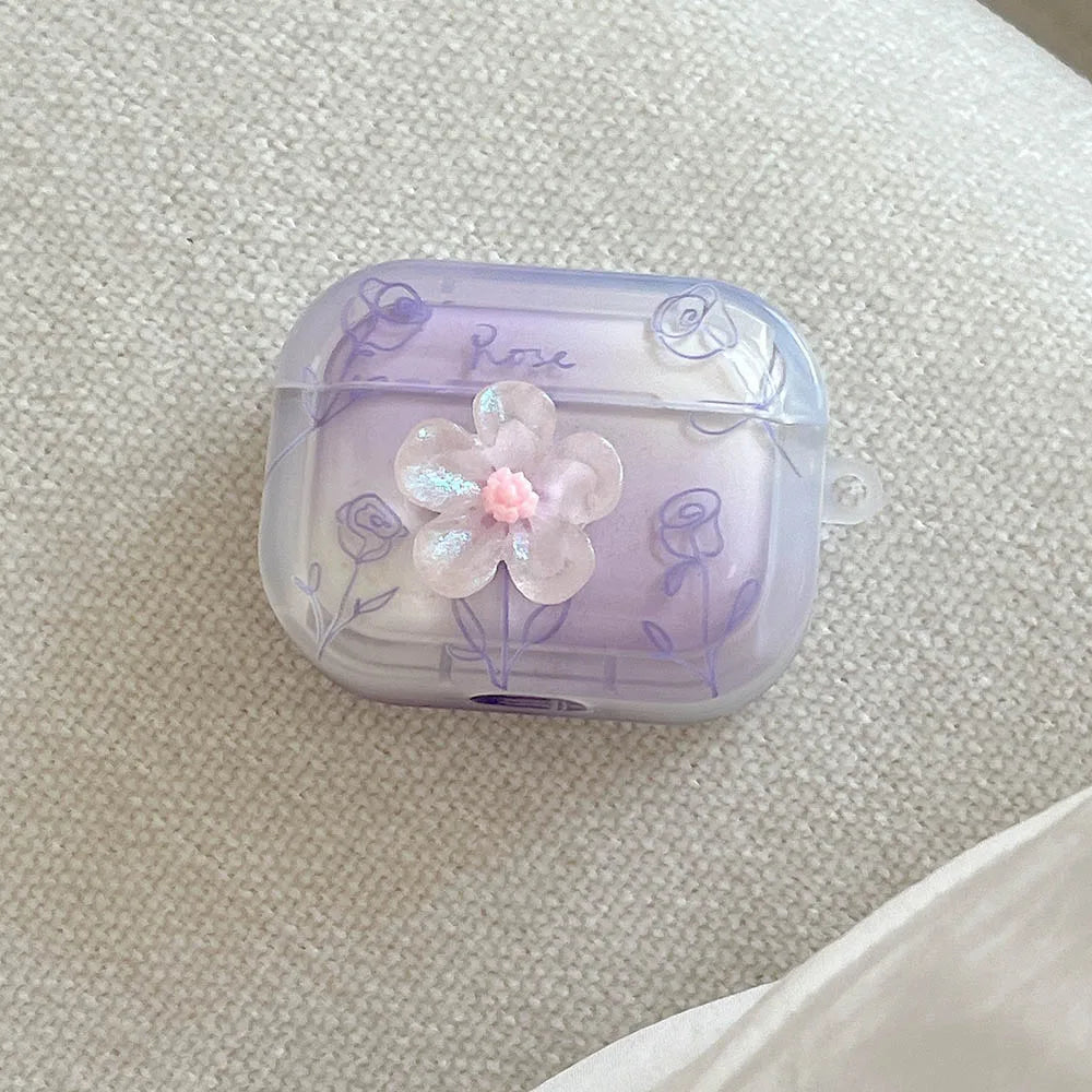 3D Flower Soft TPU AirPods Case for Pro 2/4, 1–4 – Purple Rose with Keychain