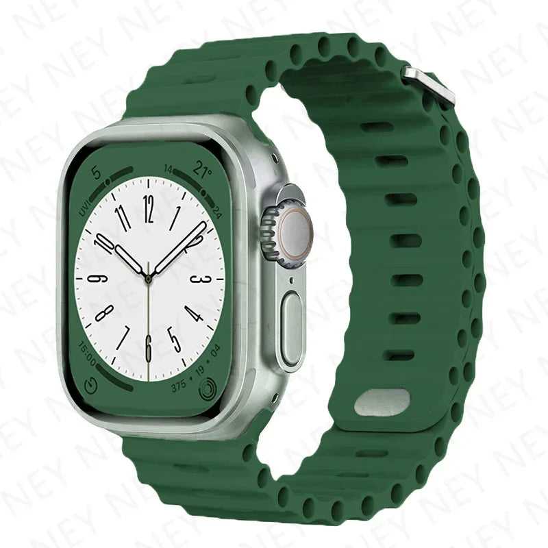Ocean Silicone Strap for Apple Watch Ultra 2 & Series 9–3 SE, Adjustable 40–49mm Band