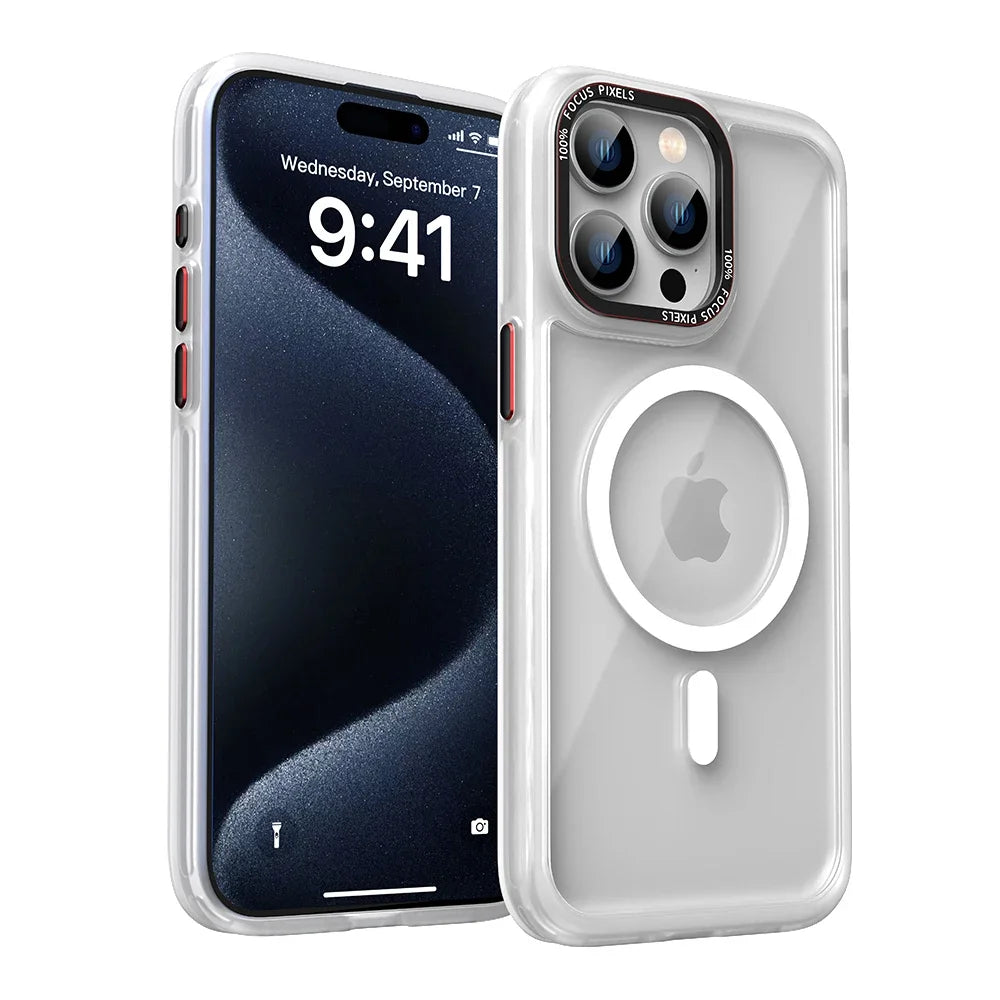 HD Transparent MagSafe Case for iPhone 16 15 14 13 12 Pro Max Metal Buttons