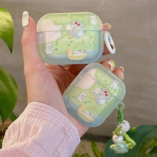 Cute Grass Dog & Cat Clear Case with Keychain for AirPods 1 2 3 4 Pro 2 Soft