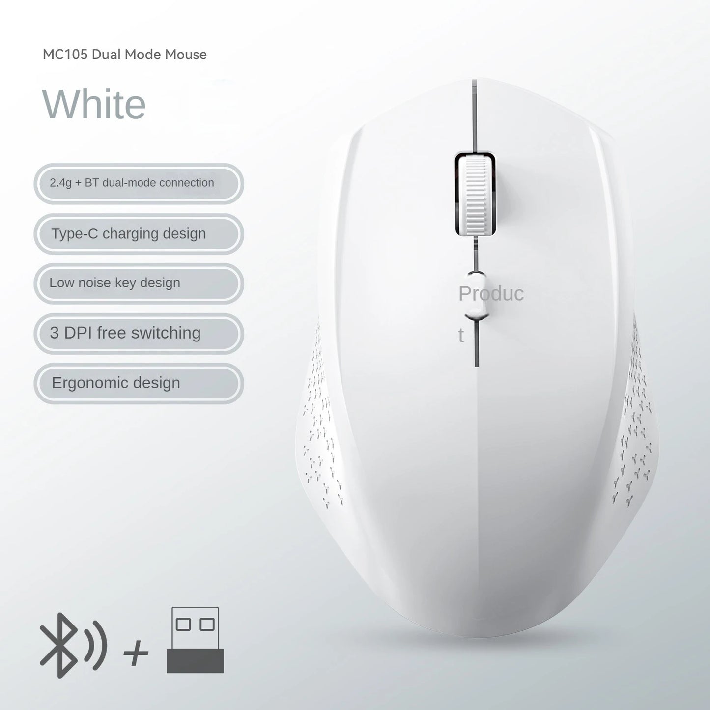 Bluetooth 5.2 + 2.4G Dual-Mode Wireless Mouse Silent Rechargeable 1600DPI