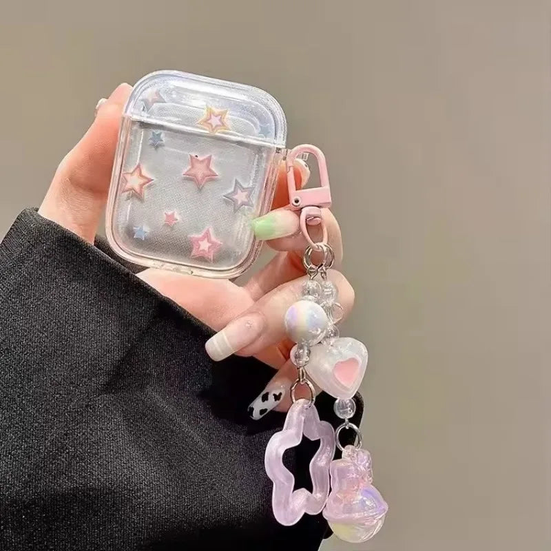Color Stars Case for AirPods 4–1 & Pro 2 | Soft Cover with Heart Bead Pendant