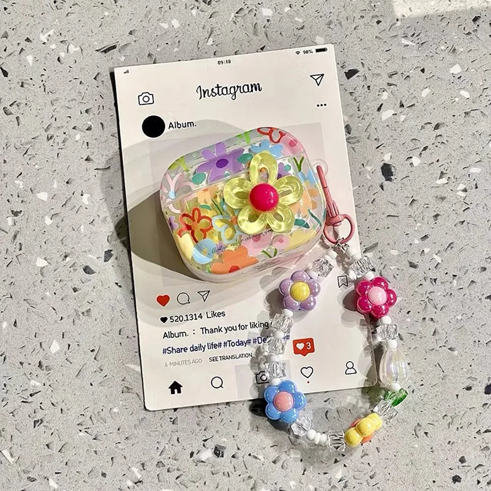 Flower TPU Earphone Case with Beaded Keychain | Shockproof for AirPods 1–4