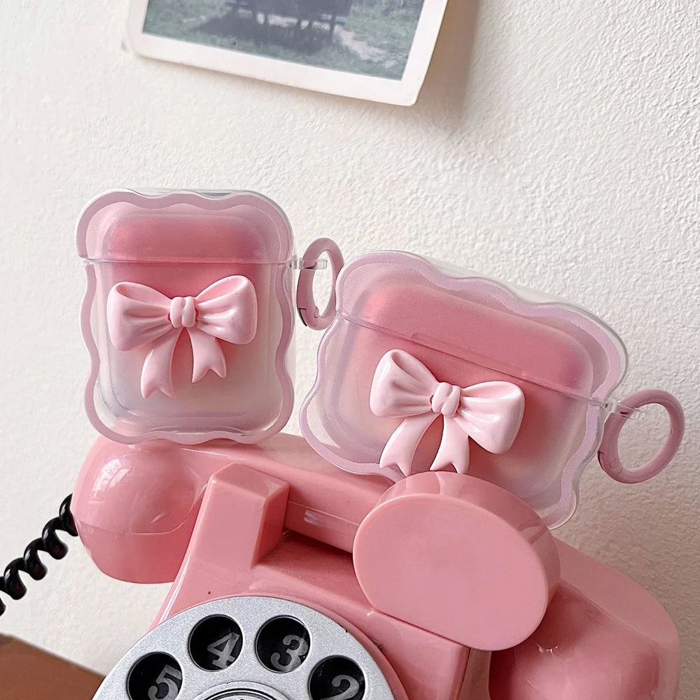 3D Bow Wave Pink Floral AirPods Case for 1, 2 & Pro with Keychain Cover
