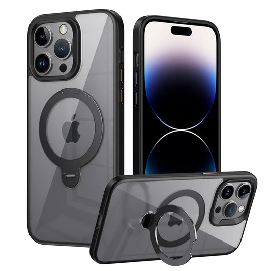 Clear Magnetic iPhone Case with Rotating Folding Stand – 12 to 16 Pro Max