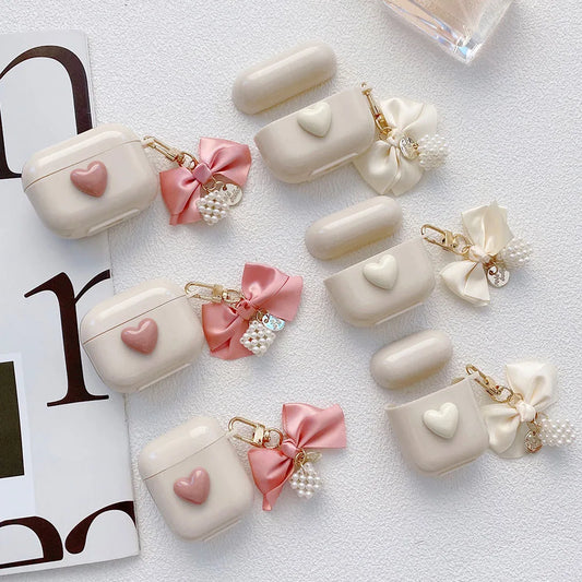 Ribbon Bowknot Pearl Keychain Case for AirPods 4 3 2 Pro Shockproof Cover