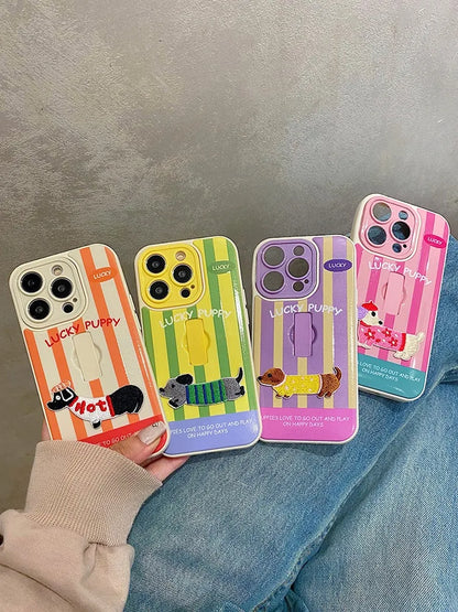 Cute Dachshund Ring Holder Case for iPhone 11–16 Pro Max – Stripe Design