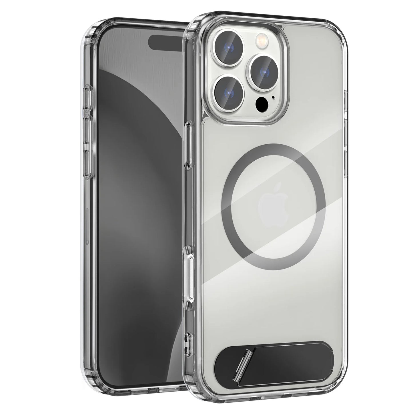 Clear Magnetic iPhone Case with Folding Metal Stand for 13–16 Pro Max
