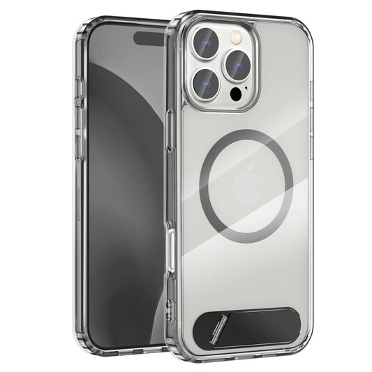 Clear Magnetic iPhone Case with Folding Metal Stand for 13–16 Pro Max