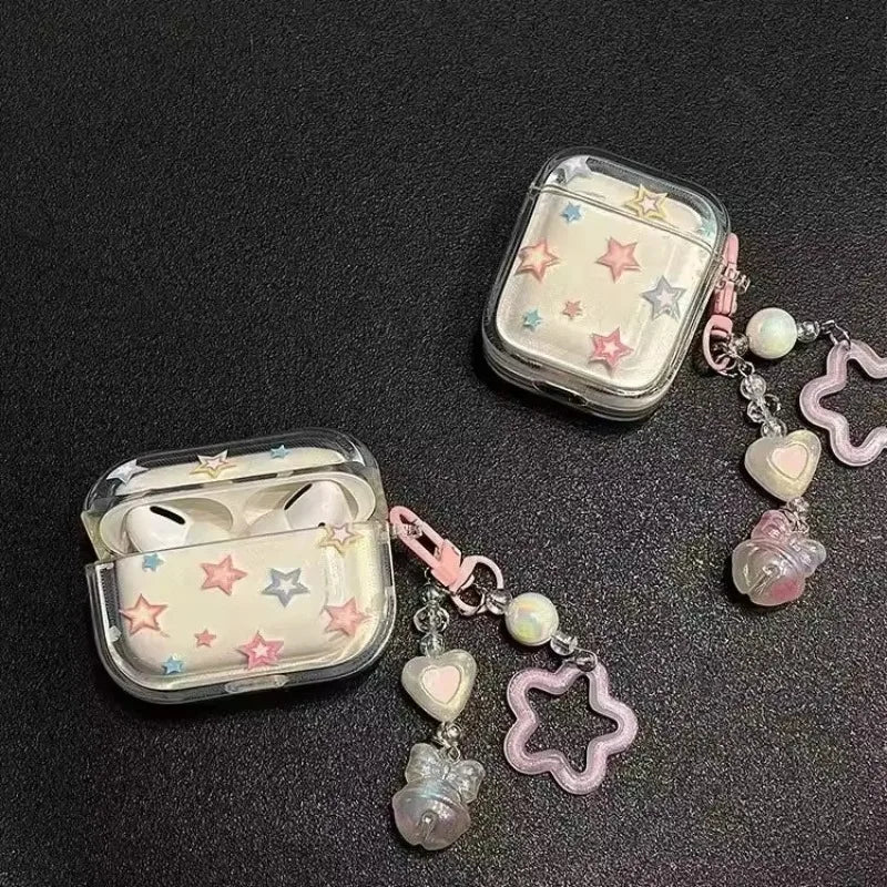 Color Stars Case for AirPods 4–1 & Pro 2 | Soft Cover with Heart Bead Pendant