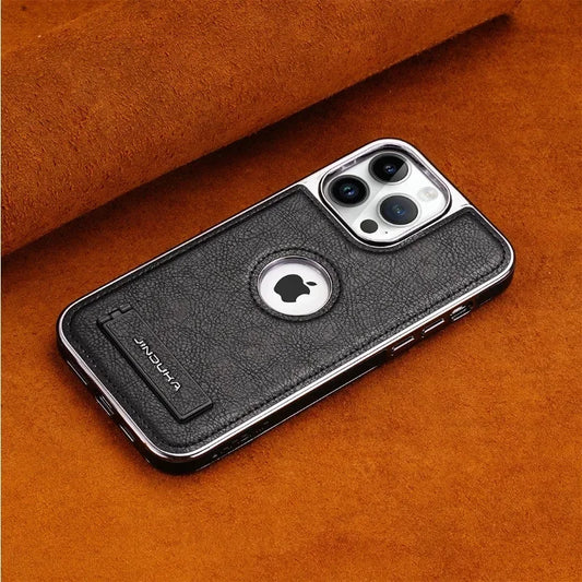 Invisible Fold Stand Leather Case for iPhone 16–11 Pro Max with Gold Bezel