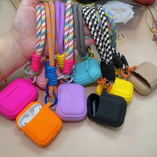 Korean Candy Color Soft Silicone Case for AirPods 1–4 with Anti-Lost Lanyard