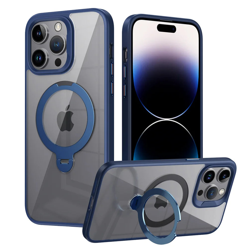 Clear Magnetic iPhone Case with Rotating Folding Stand – 12 to 16 Pro Max