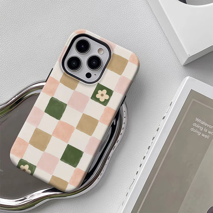 Flowers Checkerboard Case for iPhone 17 16 15 14 13 Pro Max Plus Double-Layer