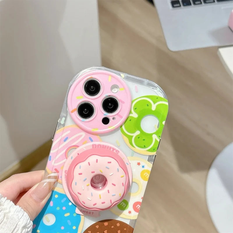 Cute 3D Doughnut MagSafe Griptok Phone Holder for iPhone 15–16, Foldable Stand