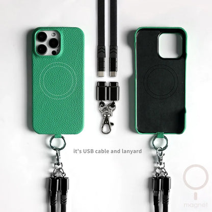 Leather MagSafe Case with USB Charging Lanyard for iPhone 13 12 11 Pro Max