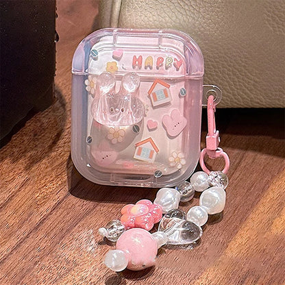 Cute 3D Rabbit Case with Heart Bead Pendant for AirPods 1 2 3 Pro 2 Soft Cover
