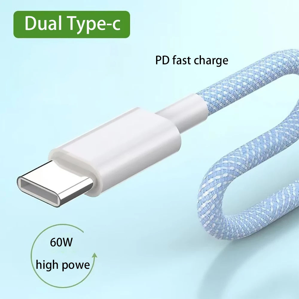 Dual Type-C PD60W Fast Charging Braided Cable for iPhone 15 Huawei Xiaomi