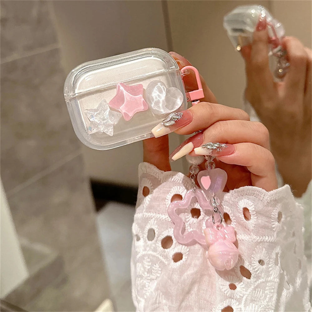 Cute 3D Star & Heart Clear Case with Bell for AirPods 1 2 3 Pro 2 Soft Cover